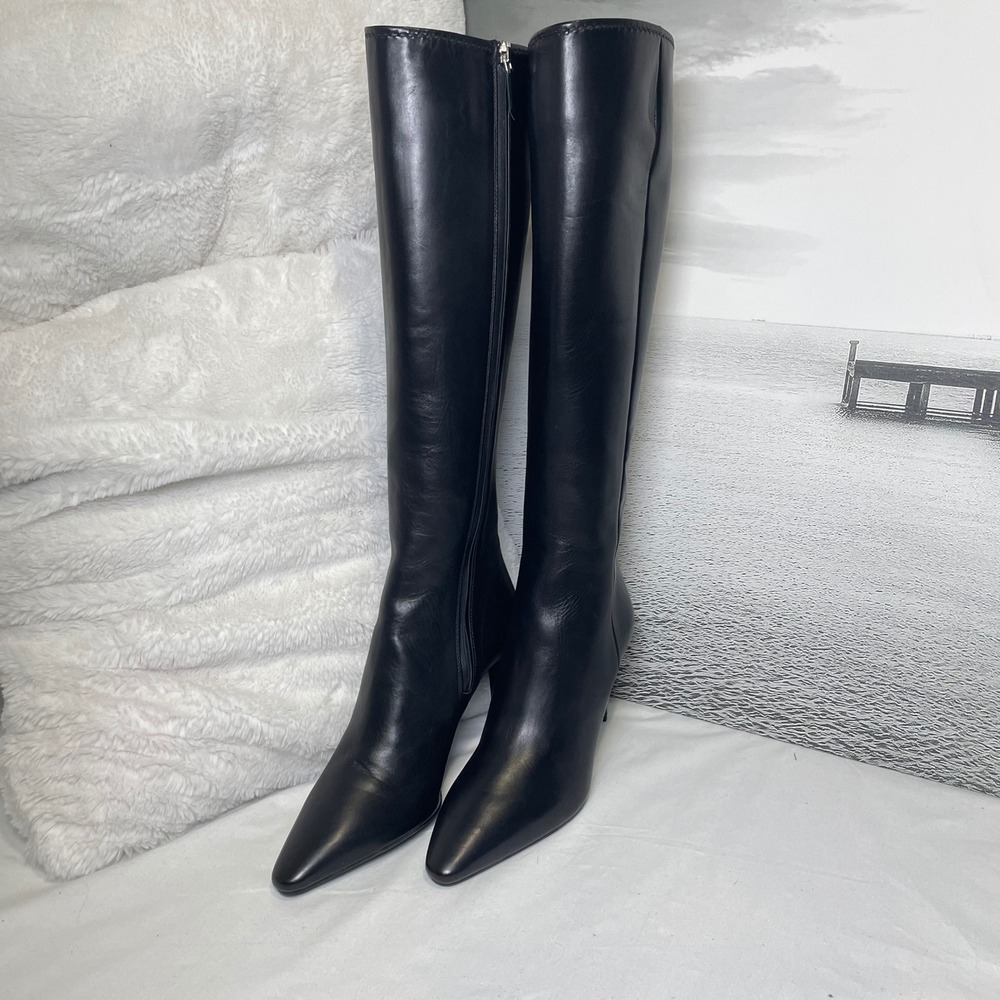 PRADA Luxury Leather Pointed Toe Knee High Heel Boots Size 37 Made in Italy - Picture 2 of 13